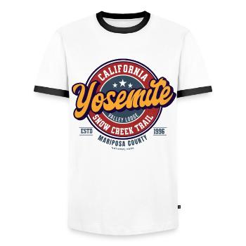 Yosemite Valley Lodge Badge Design - T-shirt contrasté Homme - blanc/noir - Devant - AI Model Female 172 light (172cm) & AI Model Male 178 dark (178cm)