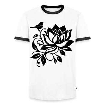 Le lotus noir et l'oiseau - T-shirt contrasté Homme - blanc/noir - Devant - AI Model Female 172 light (172cm) & AI Model Male 178 dark (178cm)