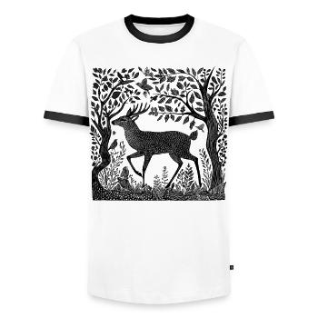 Forêt de cerfs Nature cerf gravure sur bois nature sauvage cadeau - T-shirt contrasté Homme - blanc/noir - Devant - AI Model Female 172 light (172cm) & AI Model Male 178 dark (178cm)