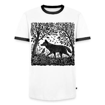 Wolf Forest Nature Wilderness Woodcut Gift - Men's Ringer Shirt - white/black - Front - AI Model Female 172 light (172cm) & AI Model Male 178 dark (178cm)