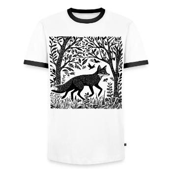 Woodcut Fox Woodland Nature Wilderness Gift - Men's Ringer Shirt - white/black - Front - AI Model Female 172 light (172cm) & AI Model Male 178 dark (178cm)