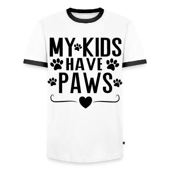 Mes enfants ont des pattes – Conception de la déclaration parentale de chien - T-shirt contrasté Homme - blanc/noir - Devant - AI Model Female 172 light (172cm) & AI Model Male 178 dark (178cm)