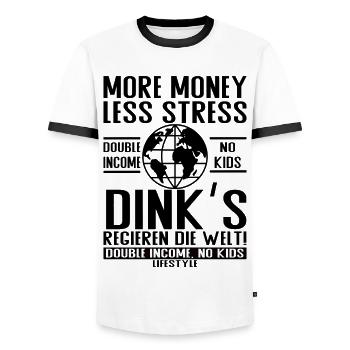 More Money Less Stress – DINK Lifestyle - Men's Ringer Shirt - white/black - Front - AI Model Female 172 light (172cm) & AI Model Male 178 dark (178cm)