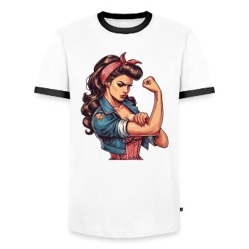 Strong Confident Woman Rockabilly Gift - Men's Ringer Shirt - white/black - Front - AI Model Female 172 light (172cm) & AI Model Male 178 dark (178cm)