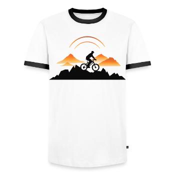 Mountain Bike Cyclist Drawing - Men's Ringer Shirt - white/black - Front - AI Model Female 172 light (172cm) & AI Model Male 178 dark (178cm)