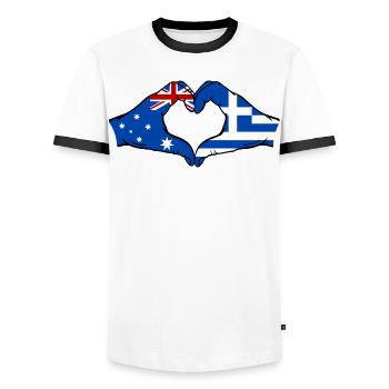 Australien Griechenland Flagge Haende Herzform - Männer Kontrast-T-Shirt - Weiß/Schwarz - Vorne - AI Model Female 172 light (172cm) & AI Model Male 178 dark (178cm)