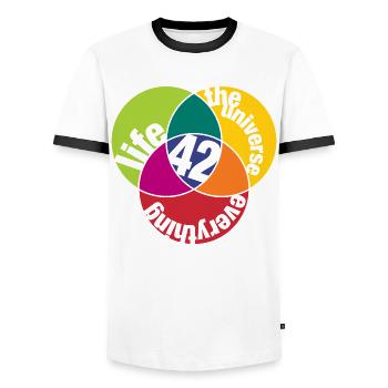 Life, The Universe and Everything - Men's Ringer Shirt - white/black - Front - AI Model Female 172 light (172cm) & AI Model Male 178 dark (178cm)