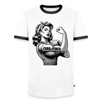 Strong Woman GRL PWR Rockabilly Biceps Arm Gift - Men's Ringer Shirt - white/black - Front - AI Model Female 172 light (172cm) & AI Model Male 178 dark (178cm)