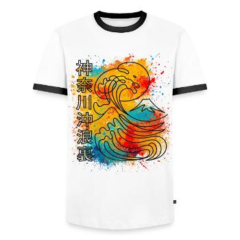 Big Wave Kanagawa One Line Minimalist - Men's Ringer Shirt - white/black - Front - AI Model Female 172 light (172cm) & AI Model Male 178 dark (178cm)
