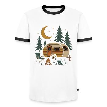 Nighttime Camping Scene Design - Men's Ringer Shirt - white/black - Front - AI Model Female 172 light (172cm) & AI Model Male 178 dark (178cm)