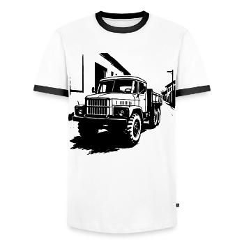 Stahlgigant aus dem Osten - Männer Kontrast-T-Shirt - Weiß/Schwarz - Vorne - AI Model Female 172 light (172cm) & AI Model Male 178 dark (178cm)