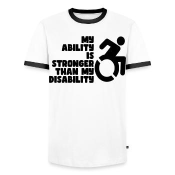 My strength is greater than my disability # - Men's Ringer Shirt - white/black - Front - AI Model Female 172 light (172cm) & AI Model Male 178 dark (178cm)