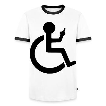 Wheelchair user with a clear opinion # - Men's Ringer Shirt - white/black - Front - AI Model Female 172 light (172cm) & AI Model Male 178 dark (178cm)