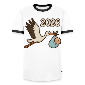 Cigogne avec enfant trouvé dans son bec 2026 - T-shirt contrasté Homme - blanc/noir - Devant - AI Model Female 172 light (172cm) & AI Model Male 178 dark (178cm)