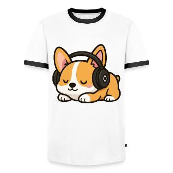 Cute Corgi Dog Cartoon with Headphones Sleeping - Men's Ringer Shirt - white/black - Front - AI Model Female 172 light (172cm) & AI Model Male 178 dark (178cm)
