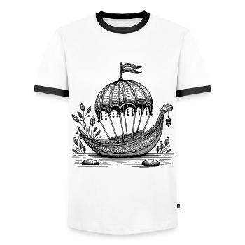 Retro Sailing Ship – Adventure & Freedom Motif - Men's Ringer Shirt - white/black - Front - AI Model Female 172 light (172cm) & AI Model Male 178 dark (178cm)