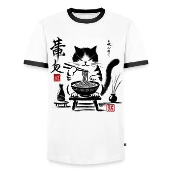 Elegant Traditional Ink Brush Calligraphy - Men's Ringer Shirt - white/black - Front - AI Model Female 172 light (172cm) & AI Model Male 178 dark (178cm)