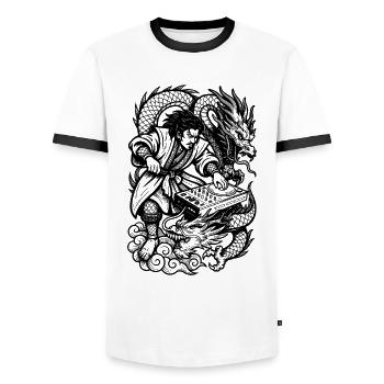 DJ Shirt: Samurai at the Techno Mixer with Dragon - Men's Ringer Shirt - white/black - Front - AI Model Female 172 light (172cm) & AI Model Male 178 dark (178cm)