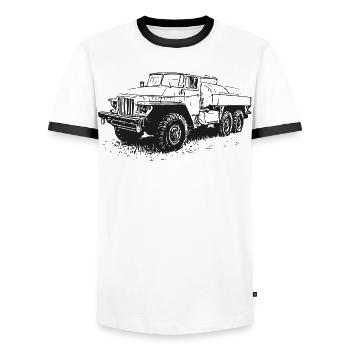 Ural Power – heavyweight on wheels - Men's Ringer Shirt - white/black - Front - AI Model Female 172 light (172cm) & AI Model Male 178 dark (178cm)