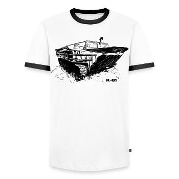 K-61 Amphibious Power - Men's Ringer Shirt - white/black - Front - AI Model Female 172 light (172cm) & AI Model Male 178 dark (178cm)