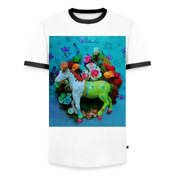 Buntes Karnevalspferd - Männer Kontrast-T-Shirt - Weiß/Schwarz - Vorne - AI Model Female 172 light (172cm) & AI Model Male 178 dark (178cm)