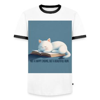 BookTok Aesthetic – Sleeping Cat & Beautiful Ruin - Men's Ringer Shirt - white/black - Front - AI Model Female 172 light (172cm) & AI Model Male 178 dark (178cm)