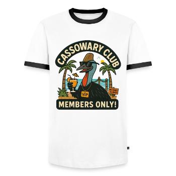 Australia Beach Cassowary Club Members Only  - Men's Ringer Shirt - white/black - Front - AI Model Female 172 light (172cm) & AI Model Male 178 dark (178cm)
