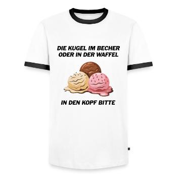 Die Kugel im Becher oder in der Waffel? - Männer Kontrast-T-Shirt - Weiß/Schwarz - Vorne - AI Model Female 172 light (172cm) & AI Model Male 178 dark (178cm)