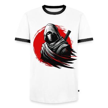 Mystischer Ninja mit rotem Kreis Hintergrund - Männer Kontrast-T-Shirt - Weiß/Schwarz - Vorne - AI Model Female 172 light (172cm) & AI Model Male 178 dark (178cm)