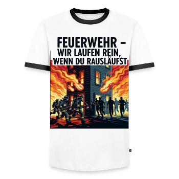 Fire brigade: We run in - Men's Ringer Shirt - white/black - Front - AI Model Female 172 light (172cm) & AI Model Male 178 dark (178cm)