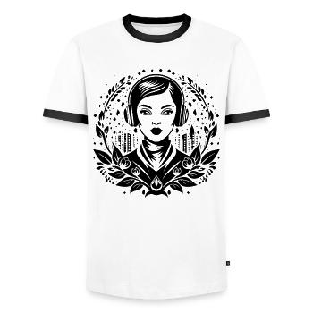 Urban Skyline Shirt – Woman with Headphones - Men's Ringer Shirt - white/black - Front - AI Model Female 172 light (172cm) & AI Model Male 178 dark (178cm)