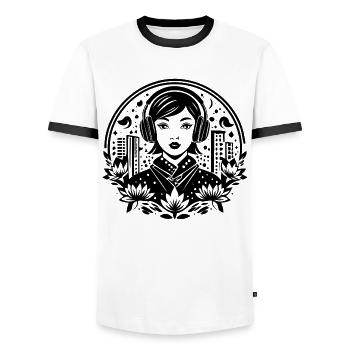 Urban Skyline Shirt – Woman with Headphones - Men's Ringer Shirt - white/black - Front - AI Model Female 172 light (172cm) & AI Model Male 178 dark (178cm)