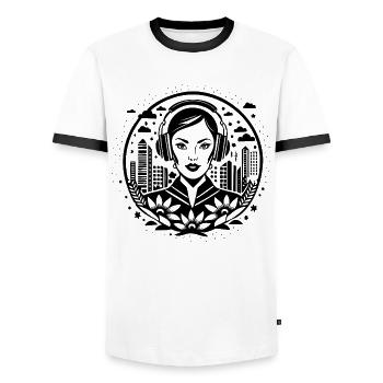 Floral Blossom Bud – Woman, Headphones, Floral - Men's Ringer Shirt - white/black - Front - AI Model Female 172 light (172cm) & AI Model Male 178 dark (178cm)