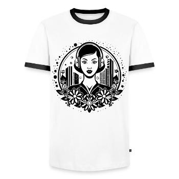 Techno Beat kick – Woman, Headphones, Sequence - Men's Ringer Shirt - white/black - Front - AI Model Female 172 light (172cm) & AI Model Male 178 dark (178cm)