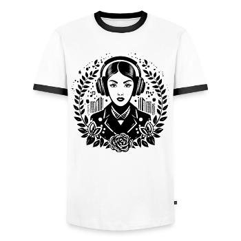 Träumerin Traum Gedanke – Frau, Kopfhörer, Blick - Männer Kontrast-T-Shirt - Weiß/Schwarz - Vorne - AI Model Female 172 light (172cm) & AI Model Male 178 dark (178cm)