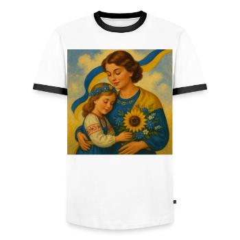 L’inquiétude d’une mère ukrainienne - T-shirt contrasté Homme - blanc/noir - Devant - AI Model Female 172 light (172cm) & AI Model Male 178 dark (178cm)