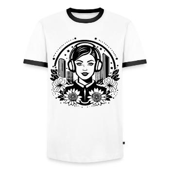 Subculture, Style – Woman, Headphones, Meeting Place - Men's Ringer Shirt - white/black - Front - AI Model Female 172 light (172cm) & AI Model Male 178 dark (178cm)