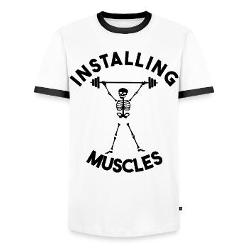 Lustiges Skelett-Fitnessstudio – Installation von Muskelgewichtheben - Männer Kontrast-T-Shirt - Weiß/Schwarz - Vorne - AI Model Female 172 light (172cm) & AI Model Male 178 dark (178cm)