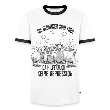 Les pensées libres montrent le courage de se rebeller - T-shirt contrasté Homme - blanc/noir - Devant - AI Model Female 172 light (172cm) & AI Model Male 178 dark (178cm)