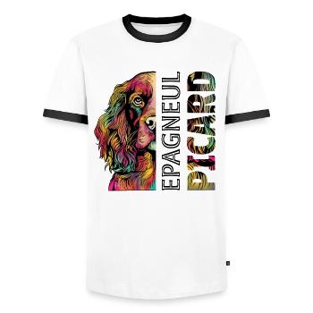 Farbiger Epagneul Picard  - Männer Kontrast-T-Shirt - Weiß/Schwarz - Vorne - AI Model Female 172 light (172cm) & AI Model Male 178 dark (178cm)