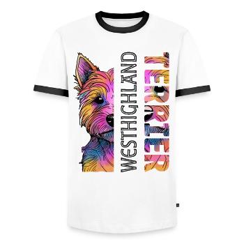 Colorful West Highland Terrier - Men's Ringer Shirt - white/black - Front - AI Model Female 172 light (172cm) & AI Model Male 178 dark (178cm)