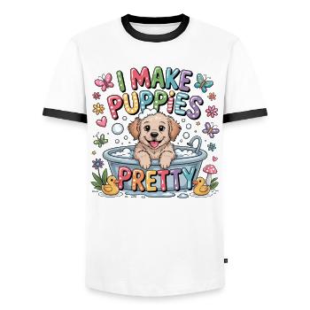 Dog Groomer I Make Puppies Beautiful I Make - Men's Ringer Shirt - white/black - Front - AI Model Female 172 light (172cm) & AI Model Male 178 dark (178cm)