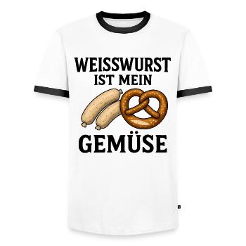 La Weisswurst est mon légume - T-shirt contrasté Homme - blanc/noir - Devant - AI Model Female 172 light (172cm) & AI Model Male 178 dark (178cm)