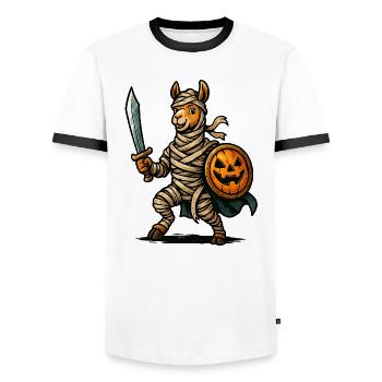 Gespenstisches Ritter-Lama mit Kürbisschild - Männer Kontrast-T-Shirt - Weiß/Schwarz - Vorne - AI Model Female 172 light (172cm) & AI Model Male 178 dark (178cm)