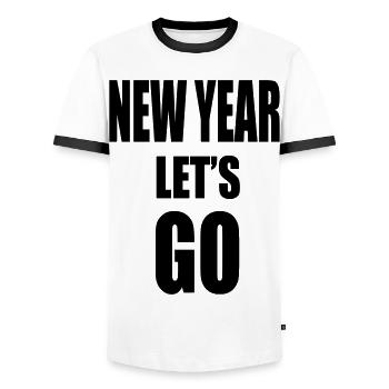 New Year Lets GO - Motivational Slogan - Men's Ringer Shirt - white/black - Front - AI Model Female 172 light (172cm) & AI Model Male 178 dark (178cm)