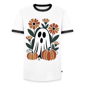 ghost pumpkin flowers retro Halloween autumn - Men's Ringer Shirt - white/black - Front - AI Model Female 172 light (172cm) & AI Model Male 178 dark (178cm)