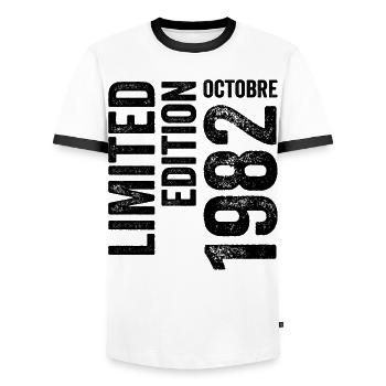 1982  - Männer Kontrast-T-Shirt - Weiß/Schwarz - Vorne - AI Model Female 172 light (172cm) & AI Model Male 178 dark (178cm)