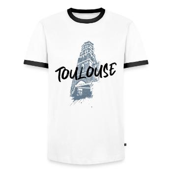 Illustration monochrome Toulouse Saint-Nicolas - Men's Ringer Shirt - white/black - Front - AI Model Female 172 light (172cm) & AI Model Male 178 dark (178cm)