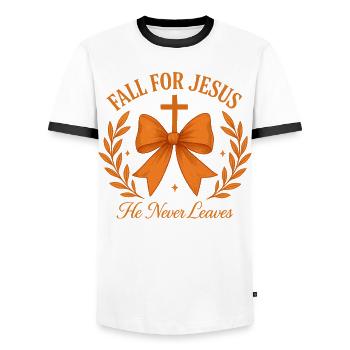 Fall for Jesus Shirt – Faith Tee - Men's Ringer Shirt - white/black - Front - AI Model Female 172 light (172cm) & AI Model Male 178 dark (178cm)