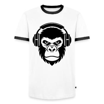 Retro Monkey Head Vinyl Turntable Street Shirt - Men's Ringer Shirt - white/black - Front - AI Model Female 172 light (172cm) & AI Model Male 178 dark (178cm)